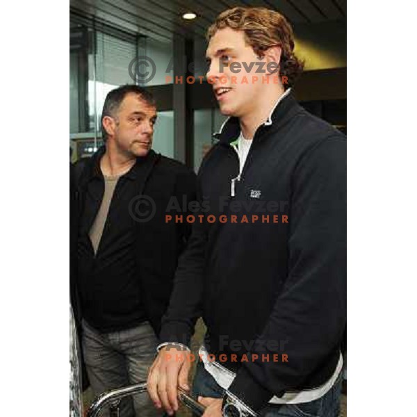 Anze Kopitar and Matjaz Kopitar at at the arival of hockey player Anze Kopitar at airport Joze Pucnik Ljubljana . 10.04.2008 