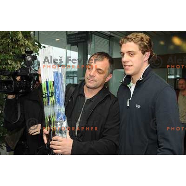 Anze Kopitar and Matjaz Kopitar at at the arival of hockey player Anze Kopitar at airport Joze Pucnik Ljubljana . 10.04.2008 