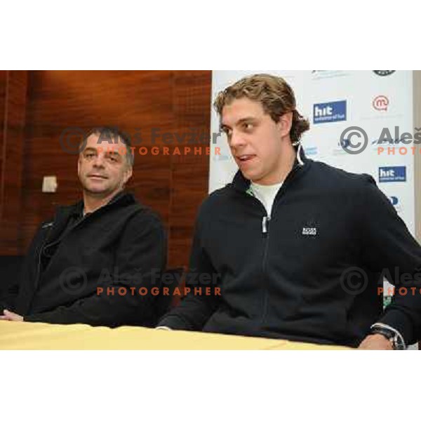 Anze Kopitar and Matjaz Kopitar at at the arival of hockey player Anze Kopitar at airport Joze Pucnik Ljubljana . 10.04.2008 