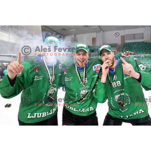 Luka Vidmar, Ales Music and Miha Zajc, Winners of the Final of Alps league ice-hockey match between SZ Olimpija and Asiago in Ljubljana, Slovenia on April 24, 2021