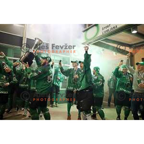 Players of SZ Olimpija, Winners of Alps league 2021 celebrate with fans outside Hala Tivoli in Ljubljana, Slovenia on April 24, 2021