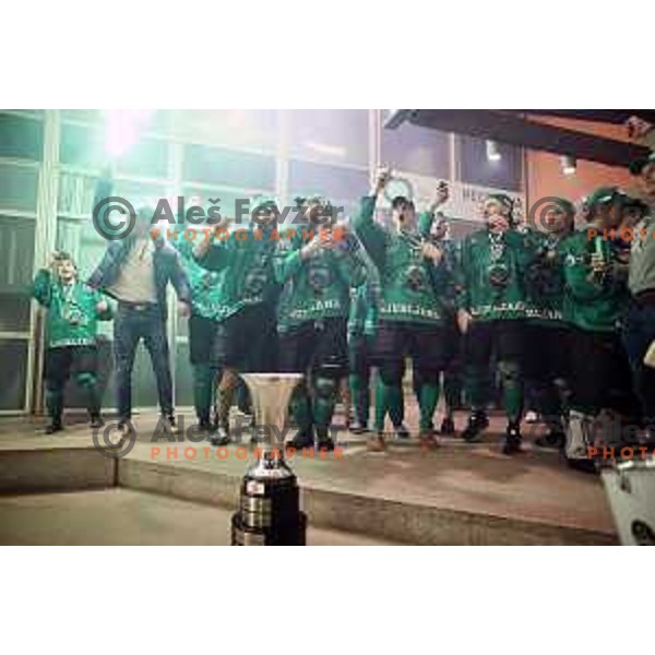 Players of SZ Olimpija, Winners of Alps league 2021 celebrate with fans outside Hala Tivoli in Ljubljana, Slovenia on April 24, 2021