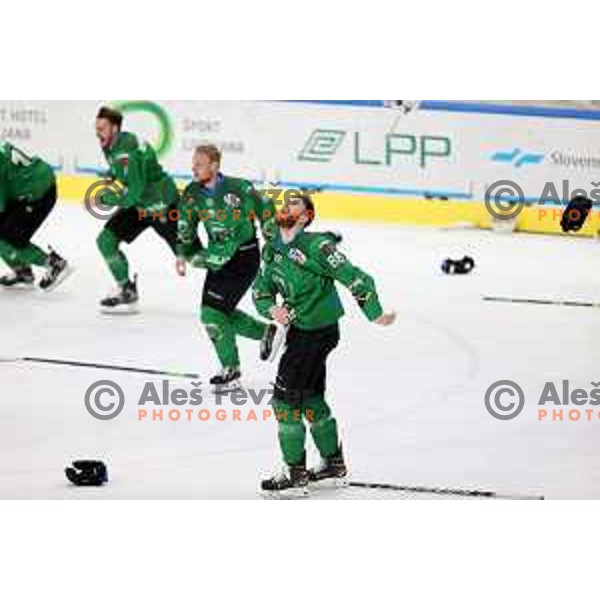 Miha Zajc and Players of SZ Olimpija, Winners of Alps league 2021 celebrate in Hala Tivoli, Ljubljana, Slovenia on April 24, 2021