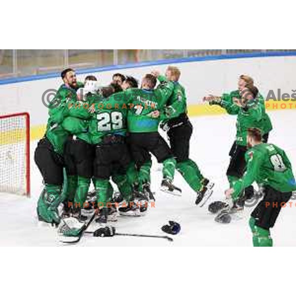 Players of SZ Olimpija, Winners of Alps league 2021 celebrate in Hala Tivoli, Ljubljana, Slovenia on April 24, 2021