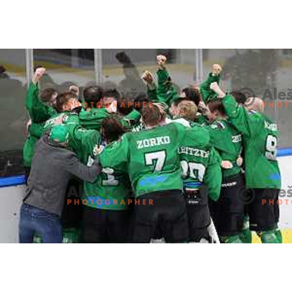 Players of SZ Olimpija, Winners of Alps league 2021 celebrate in Hala Tivoli, Ljubljana, Slovenia on April 24, 2021