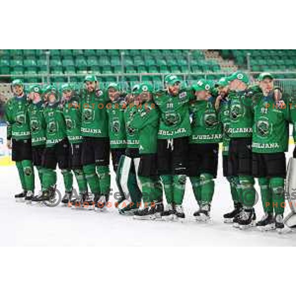 Players of SZ Olimpija, Winners of Alps league 2021 celebrate in Hala Tivoli, Ljubljana, Slovenia on April 24, 2021