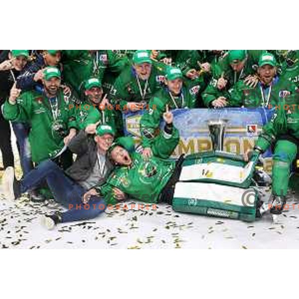 Players of SZ Olimpija, Winners of Alps league 2021 celebrate in Hala Tivoli, Ljubljana, Slovenia on April 24, 2021
