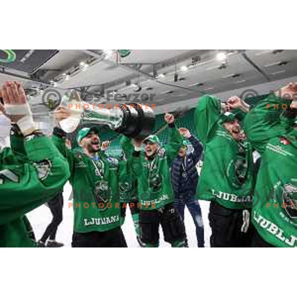 Players of SZ Olimpija, Winners of Alps league 2021 celebrate in Hala Tivoli, Ljubljana, Slovenia on April 24, 2021