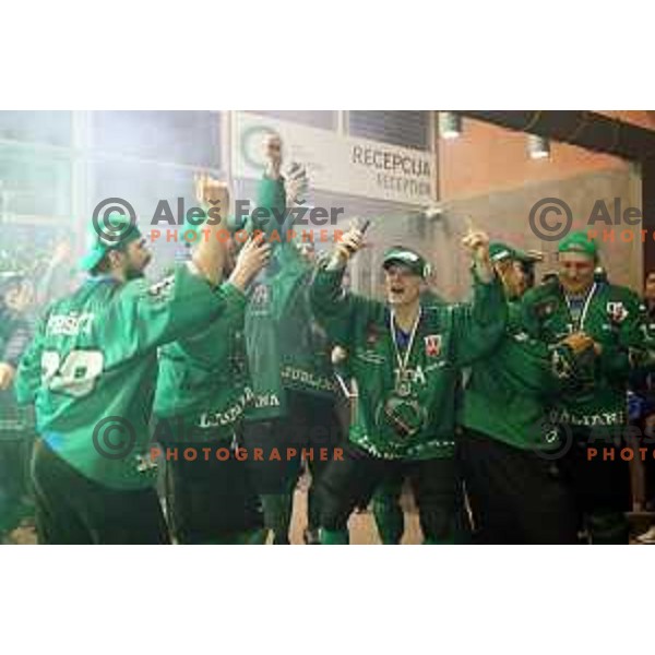Players of SZ Olimpija, Winners of Alps league 2021 celebrate in Hala Tivoli, Ljubljana, Slovenia on April 24, 2021