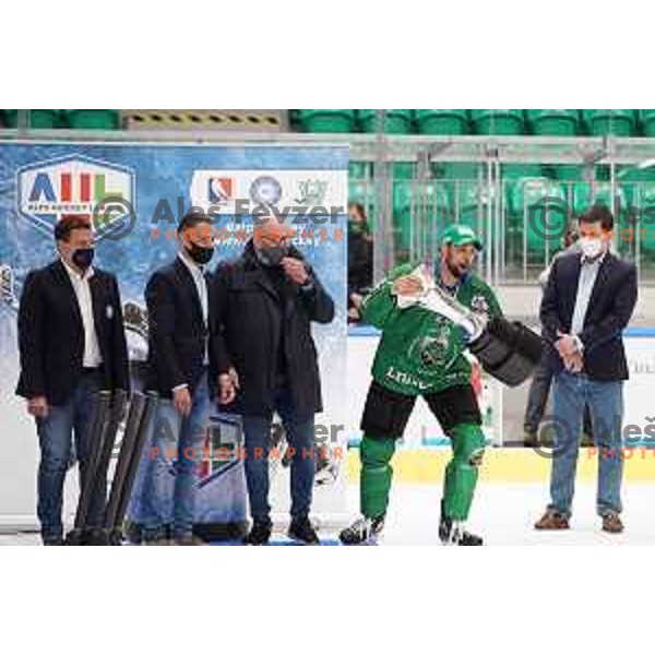 Miha Butara and Ziga Pance of SZ Olimpija, Winners of Alps league 2021 celebrate in Hala Tivoli, Ljubljana, Slovenia on April 24, 2021