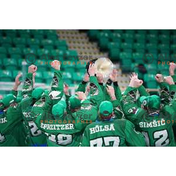 Players of SZ Olimpija, Winners of Alps league 2021 celebrate in Hala Tivoli, Ljubljana, Slovenia on April 24, 2021