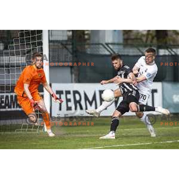 Ziga Frelih, Amadej Marosa and Antonio Delamea Mlinar in action during Prva liga telekom Slovenije football match between Mura and Olimpija Ljubljana in Fazanerija, Murska Sobota, Slovenia on April 25, 2021