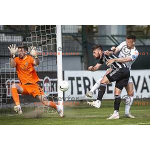 Ziga Frelih, Amadej Marosa and Antonio Delamea Mlinar in action during Prva liga telekom Slovenije football match between Mura and Olimpija Ljubljana in Fazanerija, Murska Sobota, Slovenia on April 25, 2021