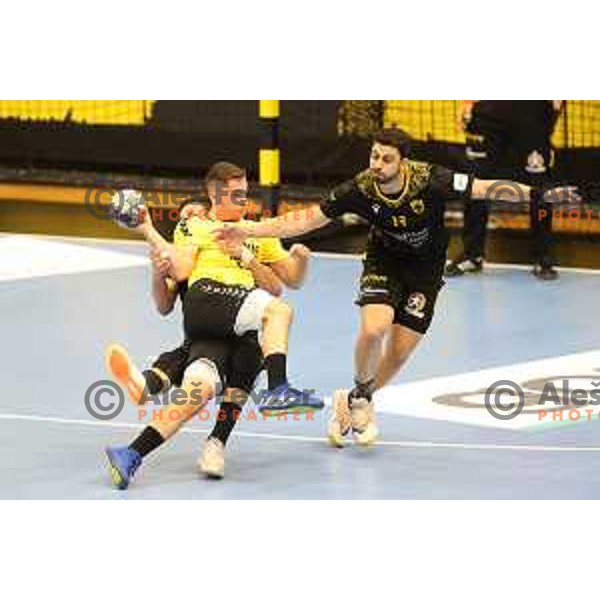 Enej Slatinek Jovicic in action during semi-final of EHF European Cup m match between Gorenje Velenje and AEK Athens in Velenje, Slovenia on April 24, 2021