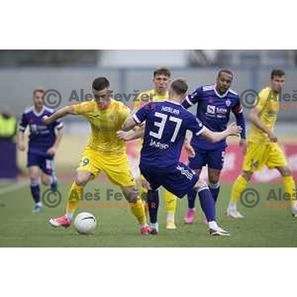 Arnel Jakupovic and Luka Koblar in action during Pivovarna Union Slovenian Cup football match between Domzale and Maribor in Domzale, Slovenia on April 27, 2021