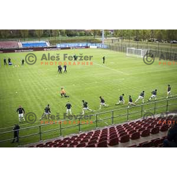 Players of Olimpija warming up prior to Slovenian cup football match between Nafta 1903 and Olimpija Ljubljana in Lendava, Slovenia on April 28, 2021