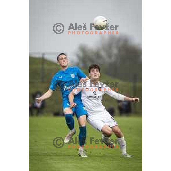 Tadej Pirtovsek vs Gal Kurez in action during Pivovarna Union Slovenian cup football match between Nafta 1903 and Olimpija Ljubljana in Lendava, Slovenia on April 28, 2021