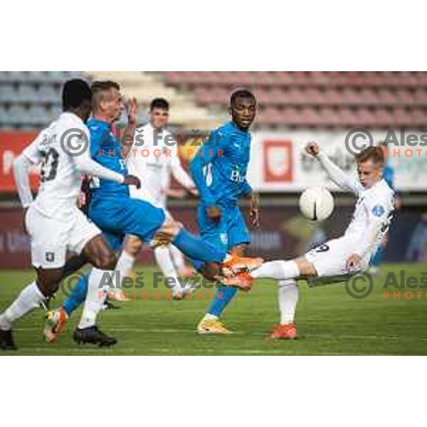 Meshack Ubochioma vs Zan Baskera in action during Pivovarna Union Slovenian cup football match between Nafta 1903 and Olimpija Ljubljana in Lendava, Slovenia on April 28, 2021