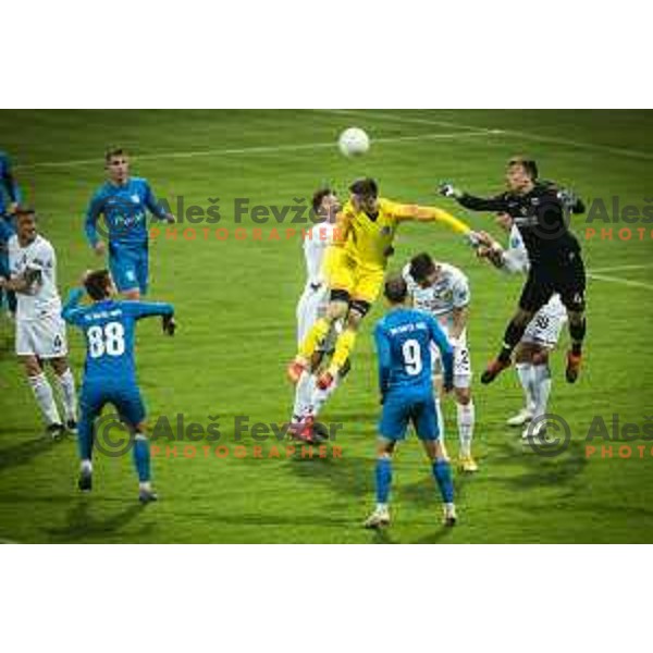 Florijan Raduha vs Andres Vombergar, Nejc Vidmar during Pivovarna Union Slovenian cup football match between Nafta 1903 and Olimpija Ljubljana in Lendava, Slovenia on April 28, 2021