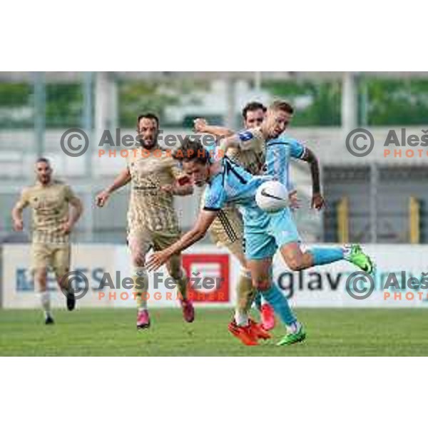 Tjas Begic and Zan Karnicnik in action during Prva Liga Telekom Slovenije 2020-2021 football match between Gorica and Mura in Nova Gorica on April 30, 2021