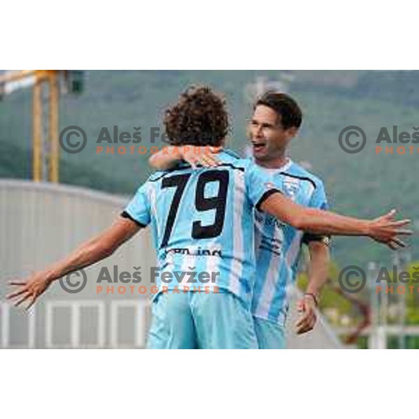 Tjas Begic and Etien Velikonja celebrate goal during Prva Liga Telekom Slovenije 2020-2021 football match between Gorica and Mura in Nova Gorica on April 30, 2021