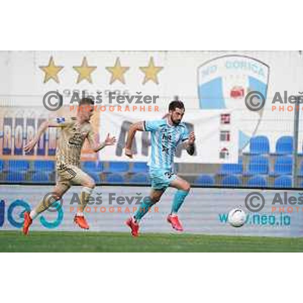 Zan Karnicnik and Matic Paljk in action during Prva Liga Telekom Slovenije 2020-2021 football match between Gorica and Mura in Nova Gorica on April 30, 2021