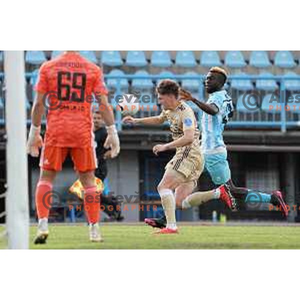 Kai Cipot and Chinwendu Johan Nkama in action during Prva Liga Telekom Slovenije 2020-2021 football match between Gorica and Mura in Nova Gorica on April 30, 2021