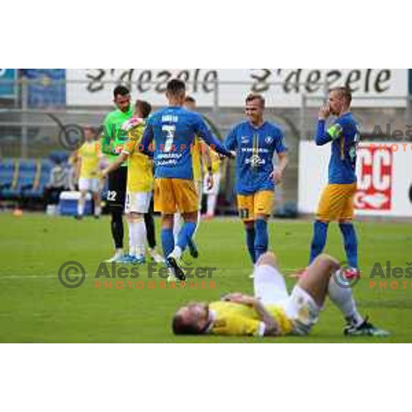 Ester Sokler, Advan Kadusic and Zal Zaletel celebrate victory during Prva Liga Telekom Slovenije 2020-2021 football match between Celje and Maribor in Celje, on May 1, 2021