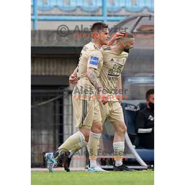 Luka Bobicanec and Nino Kouter celebrate goal during Prva Liga Telekom Slovenije 2020-2021 football match between Gorica and Mura in Nova Gorica on April 30, 2021