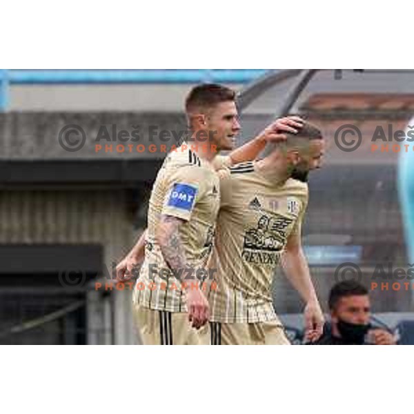 Luka Bobicanec and Nino Kouter celebrate goal during Prva Liga Telekom Slovenije 2020-2021 football match between Gorica and Mura in Nova Gorica on April 30, 2021