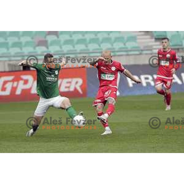 Timi Max Elsnik of Olimpija and Aljaz Krefl in action during Prva Liga Telekom Slovenije 2020-2021 football match between Olimpija and Aluminij in SRC Stozice, Ljubljana, Slovenia on May 2, 2021