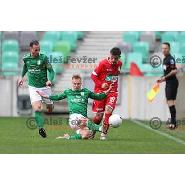 Zan Baskera and Armin Djerlek in action during Prva Liga Telekom Slovenije 2020-2021 football match between Olimpija and Aluminij in SRC Stozice, Ljubljana, Slovenia on May 2, 2021