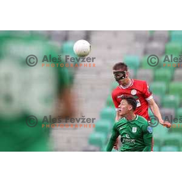 Luka Petek and Andres Vombergar in action during Prva Liga Telekom Slovenije 2020-2021 football match between Olimpija and Aluminij in SRC Stozice, Ljubljana, Slovenia on May 2, 2021
