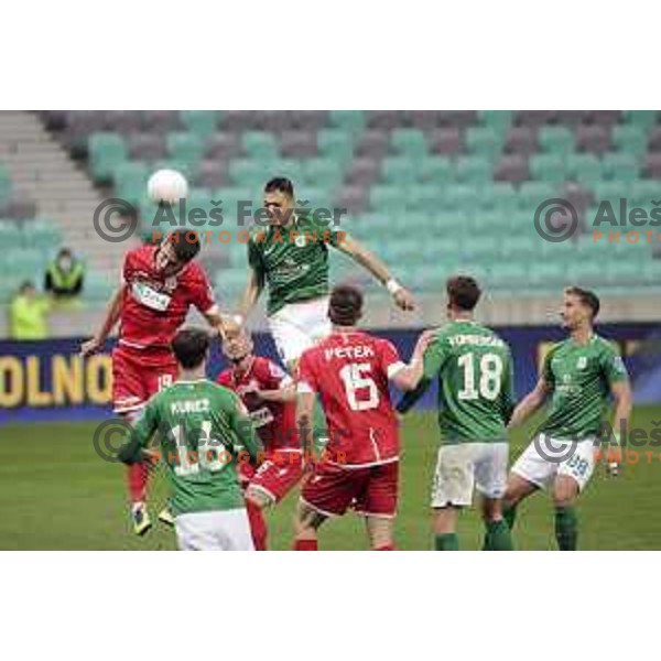 Vujadin Savic of Olimpija scores goal during Prva Liga Telekom Slovenije 2020-2021 football match between Olimpija and Aluminij in SRC Stozice, Ljubljana, Slovenia on May 2, 2021