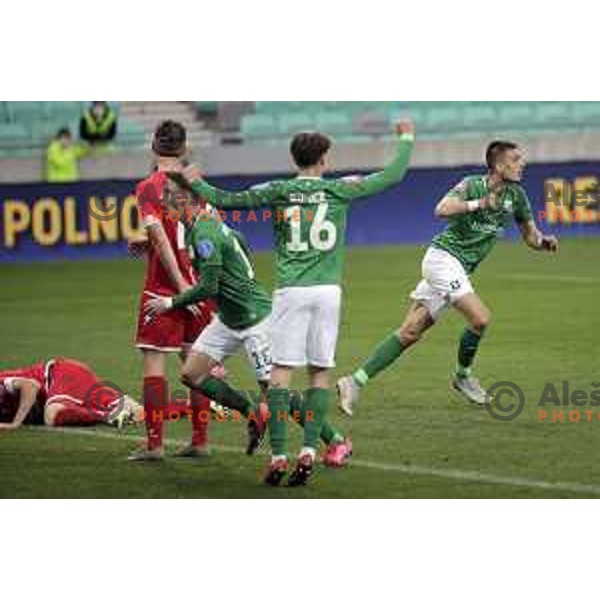 Vujadin Savic of Olimpija scores goal during Prva Liga Telekom Slovenije 2020-2021 football match between Olimpija and Aluminij in SRC Stozice, Ljubljana, Slovenia on May 2, 2021