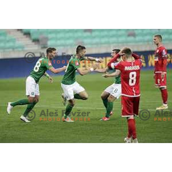 Vujadin Savic of Olimpija scores goal during Prva Liga Telekom Slovenije 2020-2021 football match between Olimpija and Aluminij in SRC Stozice, Ljubljana, Slovenia on May 2, 2021
