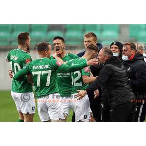Timi Max Elsnik, Djordje Ivanovic, Vujadin Savic, Michael Pavlovic and Goran Stankovic, head coach of Olimpija celebrate goal during Prva Liga Telekom Slovenije 2020-2021 football match between Olimpija and Aluminij in SRC Stozice, Ljubljana, Slovenia on May 2, 2021
