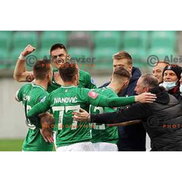 Timi Max Elsnik, Djordje Ivanovic, Vujadin Savic, Michael Pavlovic and Goran Stankovic, head coach of Olimpija celebrate goal during Prva Liga Telekom Slovenije 2020-2021 football match between Olimpija and Aluminij in SRC Stozice, Ljubljana, Slovenia on May 2, 2021