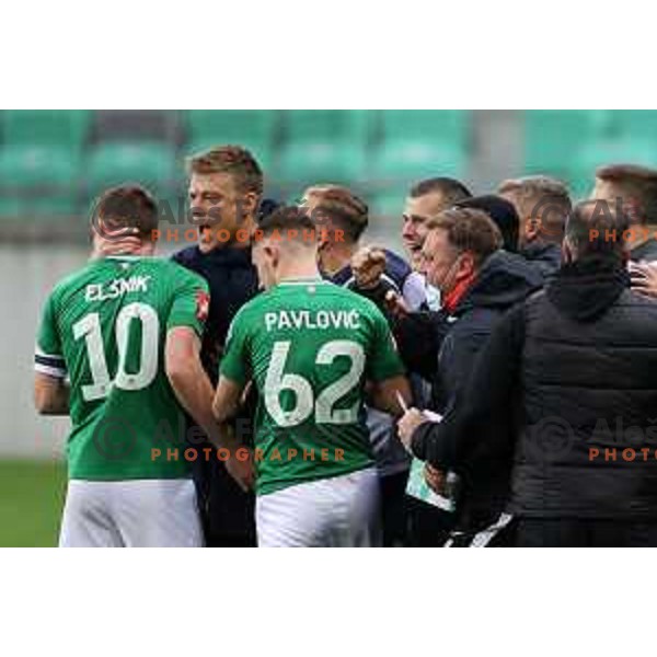 Timi Max Elsnik, Nejc Vidmar, Michael Pavlovic of Olimpija celebrate goal during Prva Liga Telekom Slovenije 2020-2021 football match between Olimpija and Aluminij in SRC Stozice, Ljubljana, Slovenia on May 2, 2021