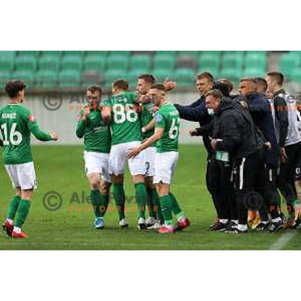 Gal Kurez, Djordje Ivanovic, Uros Korun,Timi Max Elsnik and Michael Pavlovic of Olimpija celebrate goal during Prva Liga Telekom Slovenije 2020-2021 football match between Olimpija and Aluminij in SRC Stozice, Ljubljana, Slovenia on May 2, 2021
