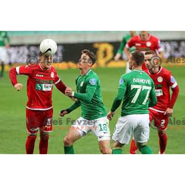 Armin Djerlek and Andres Vombergar in action during Prva Liga Telekom Slovenije 2020-2021 football match between Olimpija and Aluminij in SRC Stozice, Ljubljana, Slovenia on May 2, 2021
