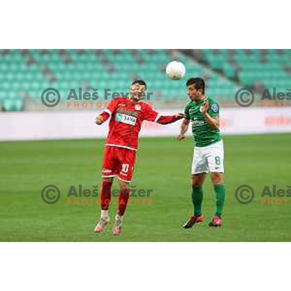 Armin Djerlek and Nino Pungarsek in action during Prva Liga Telekom Slovenije 2020-2021 football match between Olimpija and Aluminij in SRC Stozice, Ljubljana, Slovenia on May 2, 2021