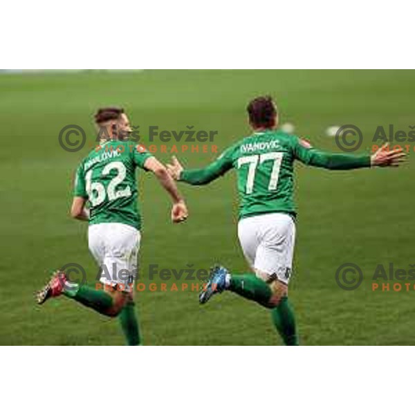 Michael Pavlovic , Djordje Ivanovic celebrate goal during Prva Liga Telekom Slovenije 2020-2021 football match between Olimpija and Aluminij in SRC Stozice, Ljubljana, Slovenia on May 2, 2021