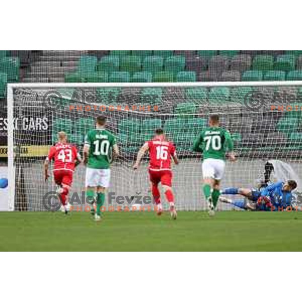 Aljaz Krefl scores penalty kick during Prva Liga Telekom Slovenije 2020-2021 football match between Olimpija and Aluminij in SRC Stozice, Ljubljana, Slovenia on May 2, 2021