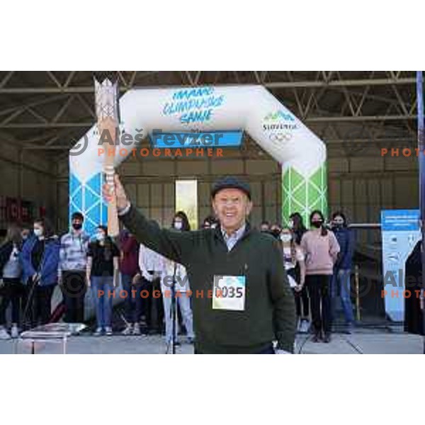 Miran Gaspersic at start of Slovenska Bakla, Olympic journey around Slovenia in 81 days started in Bovec, Slovenia on May 3, 2021