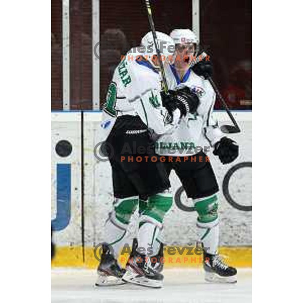 Mark Sever celebrate goal during second game of the Final of Slovenian Championship ice-hockey match between SIJ Acroni Jesenice and SZ Olimpija in Jesenice, Slovenia on May 3, 2021