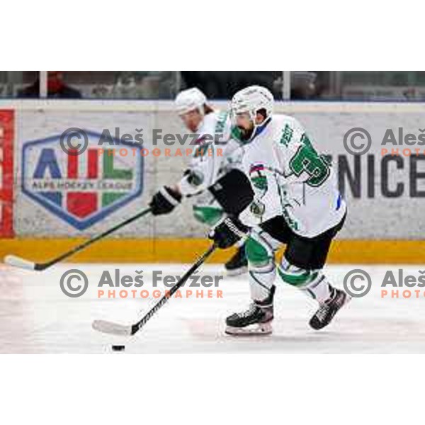Ziga Pesut in action during second game of the Final of Slovenian Championship ice-hockey match between SIJ Acroni Jesenice and SZ Olimpija in Jesenice, Slovenia on May 3, 2021