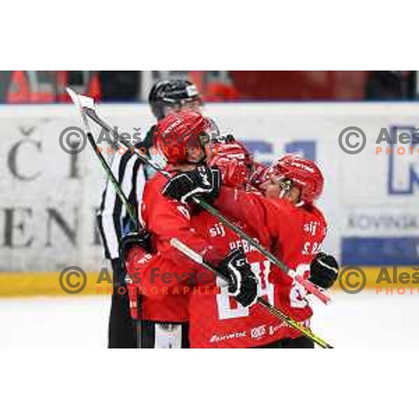 Jaka Sturm scores goal during second game of the Final of Slovenian Championship ice-hockey match between SIJ Acroni Jesenice and SZ Olimpija in Jesenice, Slovenia on May 3, 2021