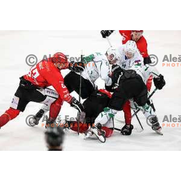 In action during second game of the Final of Slovenian Championship ice-hockey match between SIJ Acroni Jesenice and SZ Olimpija in Jesenice, Slovenia on May 3, 2021