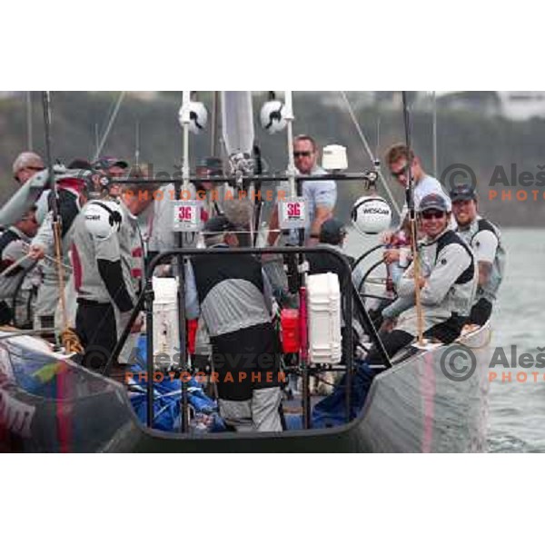 at America\'s Cup Final sailing match race between team New Zealand and team Alinghi in Auckland, New Zealand on March 2, 2003. Team Alinghi defeated Team New Zealand 5:0